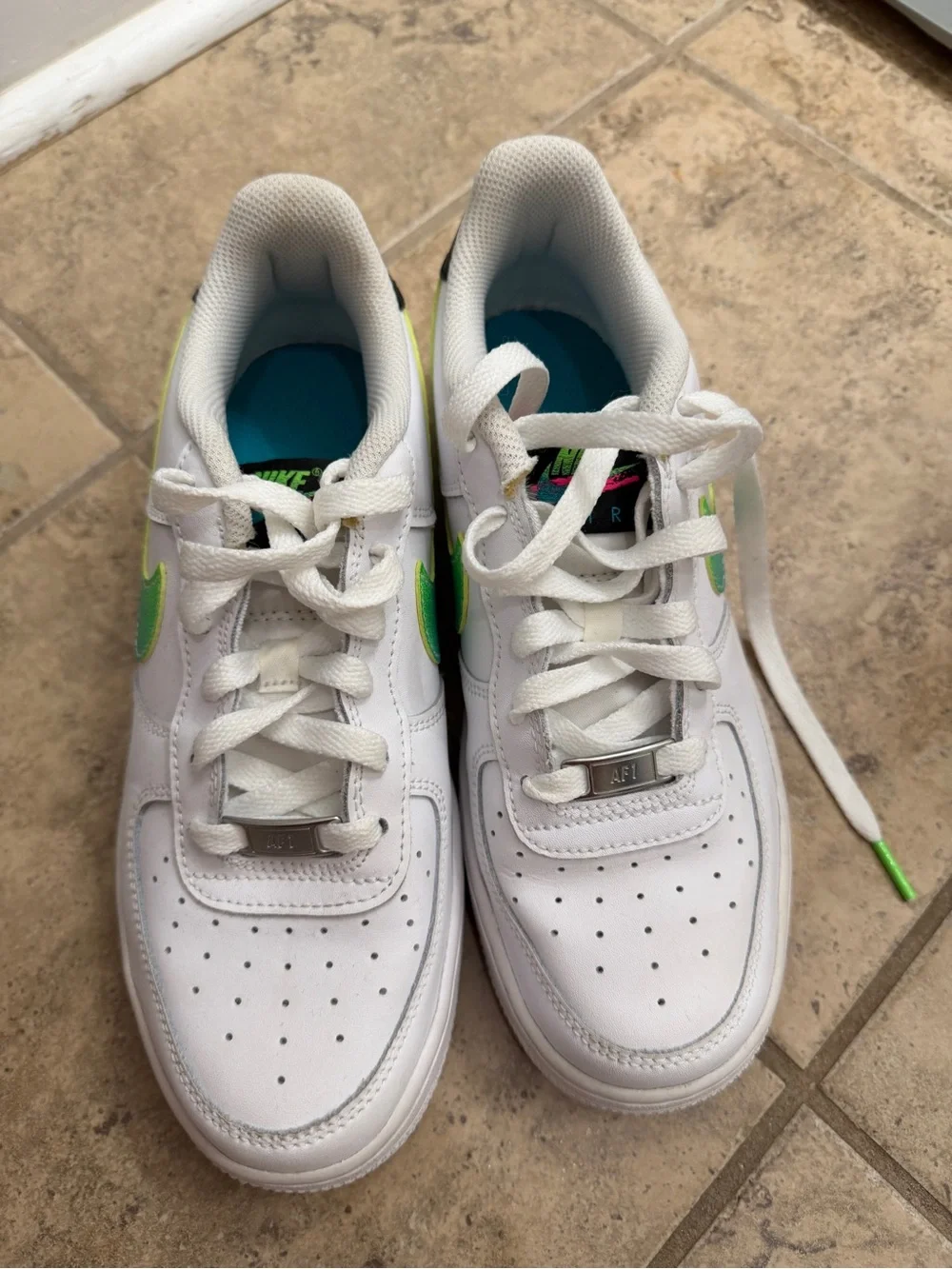 Nike White Sneakers with Green Iridescent Swoosh